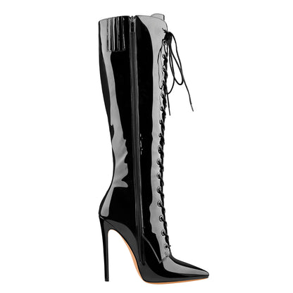 Black Patent Leather Lace Up Pointed Toe Knee High Boots - Onlymaker