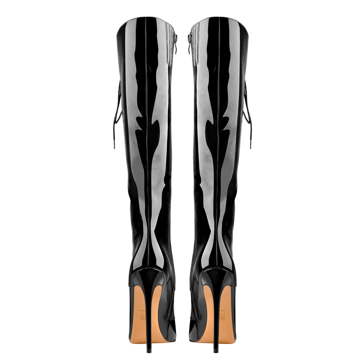 Black Patent Leather Lace Up Pointed Toe Knee High Boots - Onlymaker