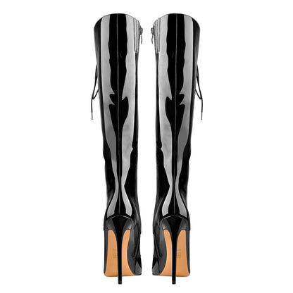 Black Patent Leather Lace Up Pointed Toe Knee High Boots - Onlymaker
