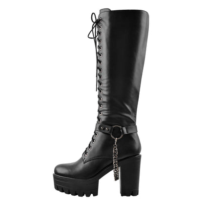 Black Platform Knee High Chunky Heel Boots - Onlymaker
