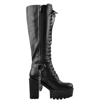 Black Platform Knee High Chunky Heel Boots - Onlymaker