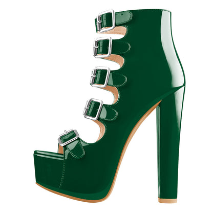 Five Buckle Strap Chunky Heels Sandals Boots - Onlymaker