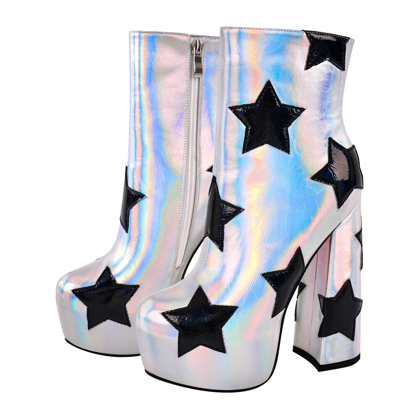 Platform Round Toe Chunky Heel Silver Star Boots - Onlymaker
