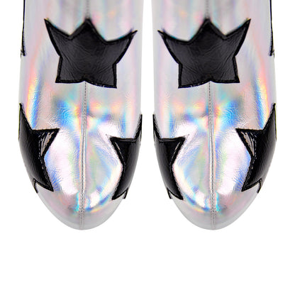 Platform Round Toe Chunky Heel Silver Star Boots - Onlymaker