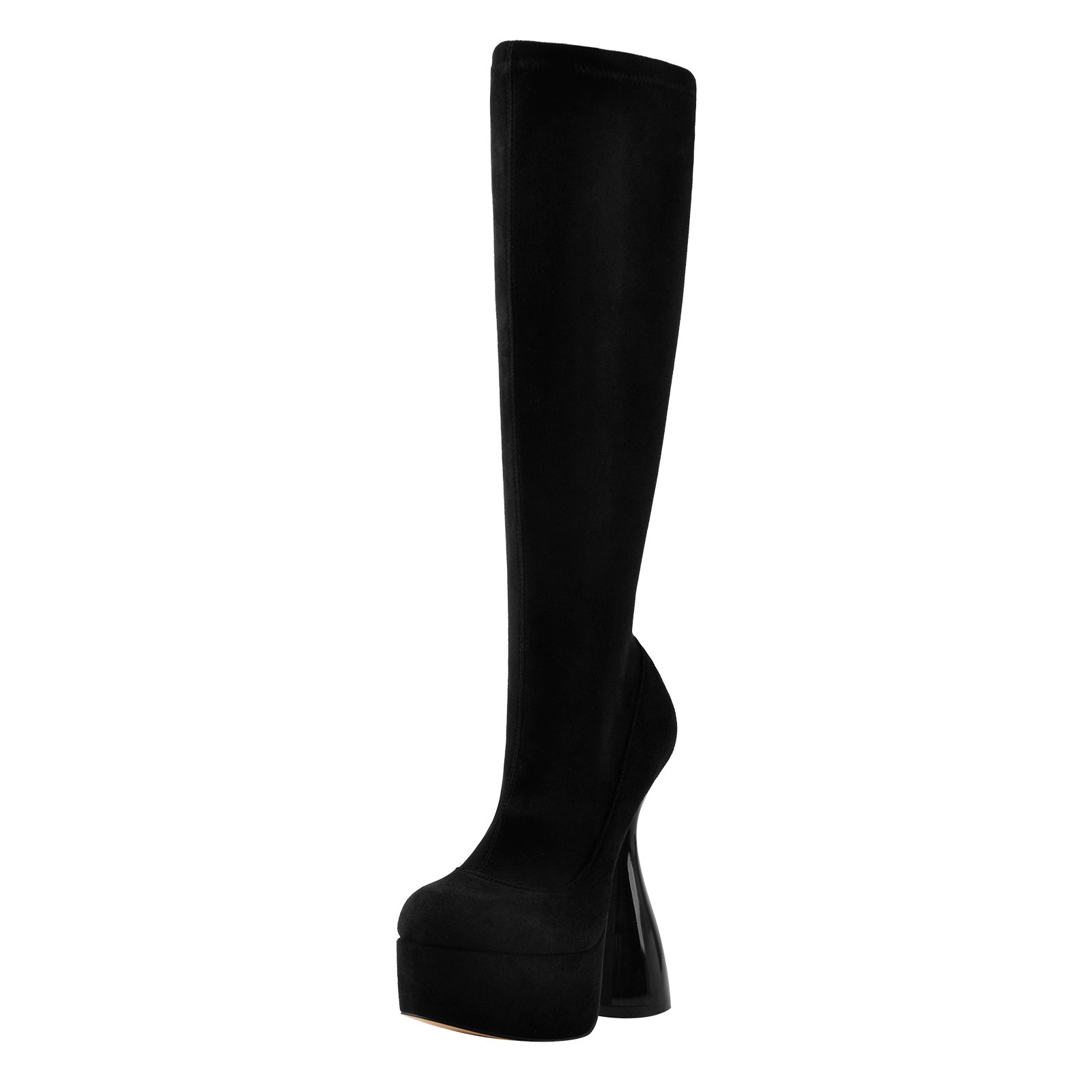 Black Round Toe Suede Platform High Heel Boots - Onlymaker