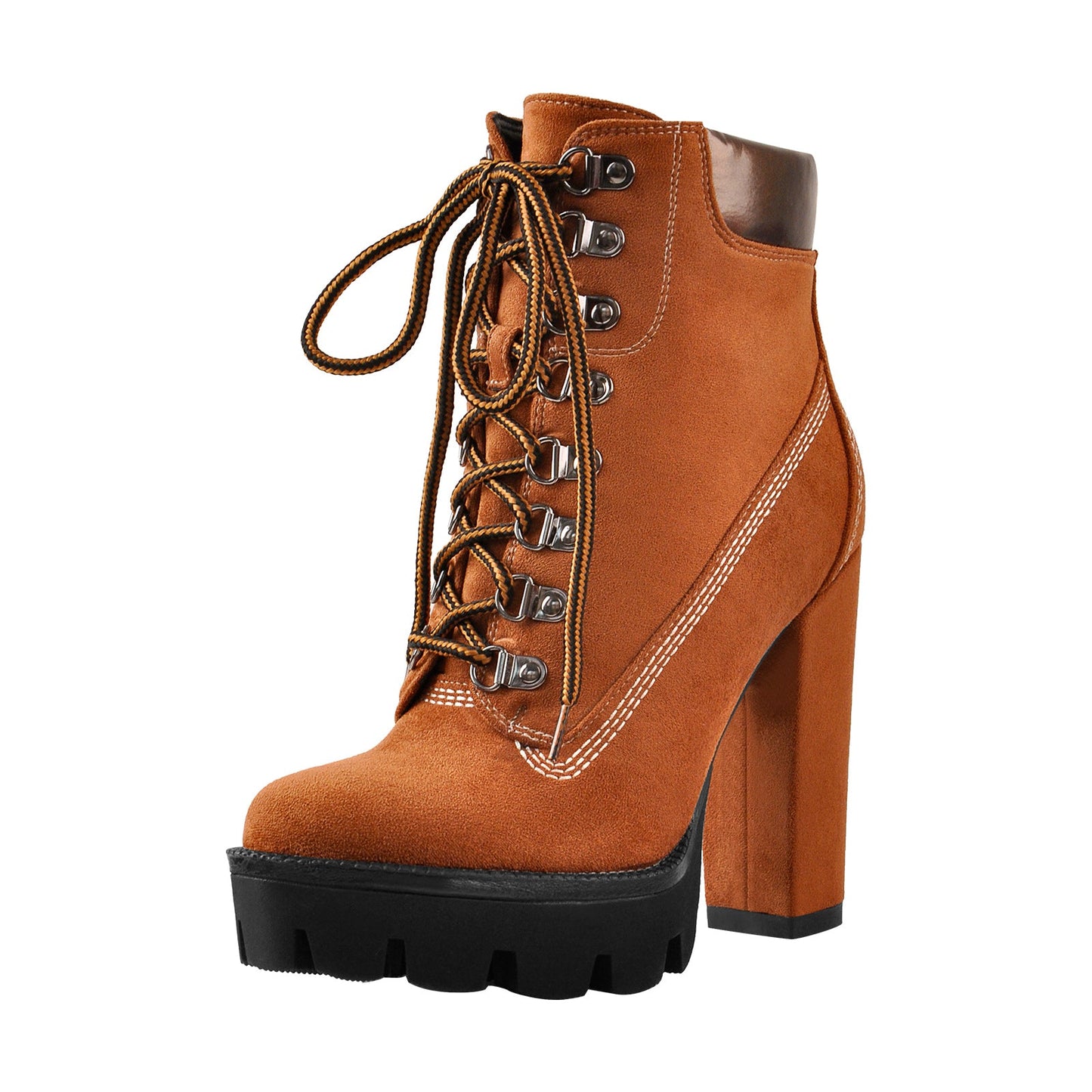 Brown Round Toe Platform Lace Chunky High Heels Ankle Boots - Onlymaker