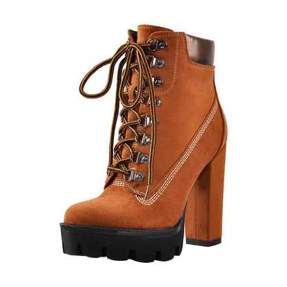 Brown Round Toe Platform Lace Chunky High Heels Ankle Boots - Onlymaker