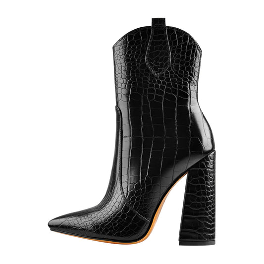 Black Pointed Toe Chunky Ankle Boots - Onlymaker