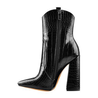 Black Pointed Toe Chunky Ankle Boots - Onlymaker