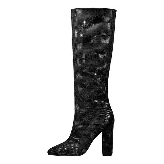 Pointed toe Chunky Heels Rhinestone Knee High Boots - Onlymaker