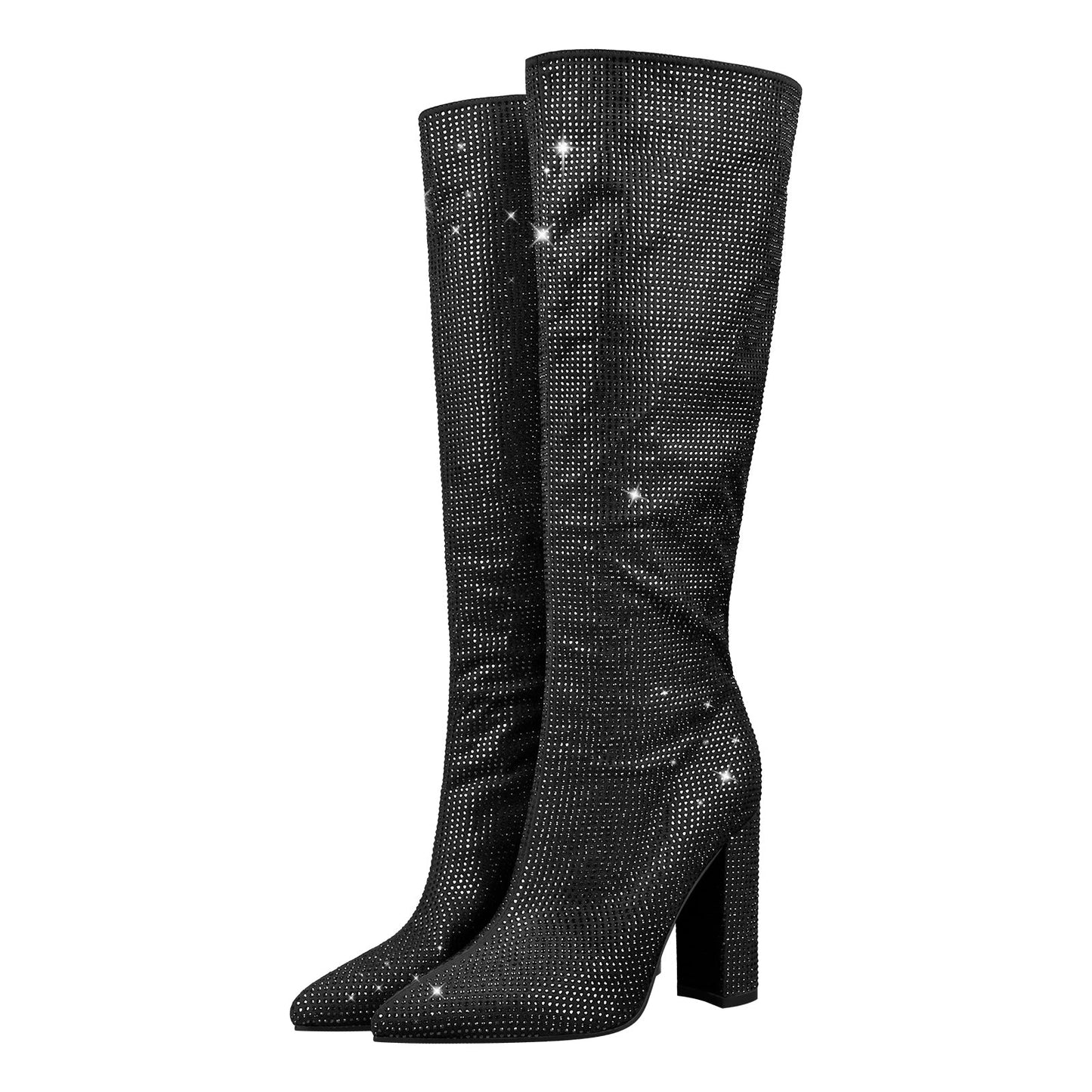 Pointed toe Chunky Heels Rhinestone Knee High Boots - Onlymaker