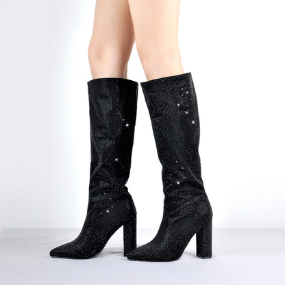 Pointed toe Chunky Heels Rhinestone Knee High Boots - Onlymaker