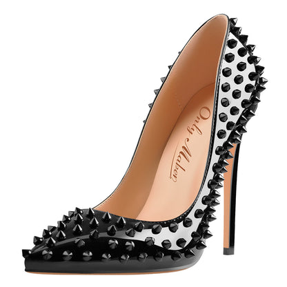 Pointed Toe Rivets Pumps Black Patent Leather Studded High Heels Pumps - Onlymaker