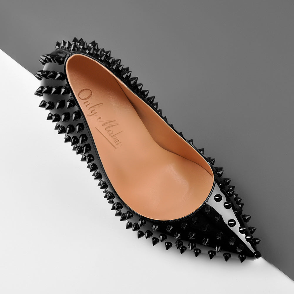 Pointed Toe Rivets Pumps Black Patent Leather Studded High Heels Pumps - Onlymaker