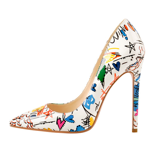 Graffiti Colorful Stiletto Pointed Toe 12cm High Heels Pumps - Onlymaker