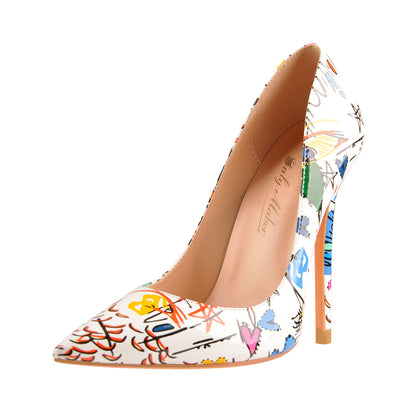 Graffiti Colorful Stiletto Pointed Toe 12cm High Heels Pumps - Onlymaker