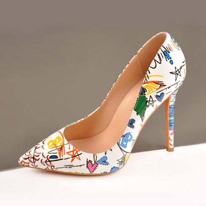 Graffiti Colorful Stiletto Pointed Toe 12cm High Heels Pumps - Onlymaker