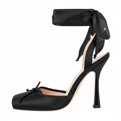 Square Toe Bow Satin Ankle Strap Pumps - Onlymaker