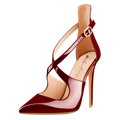 Patent Leather Pointed Toe Cross Strap High Heel Pumps - Onlymaker