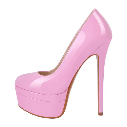 Double Platform Patent Leather Round Toe High Heels - Onlymaker