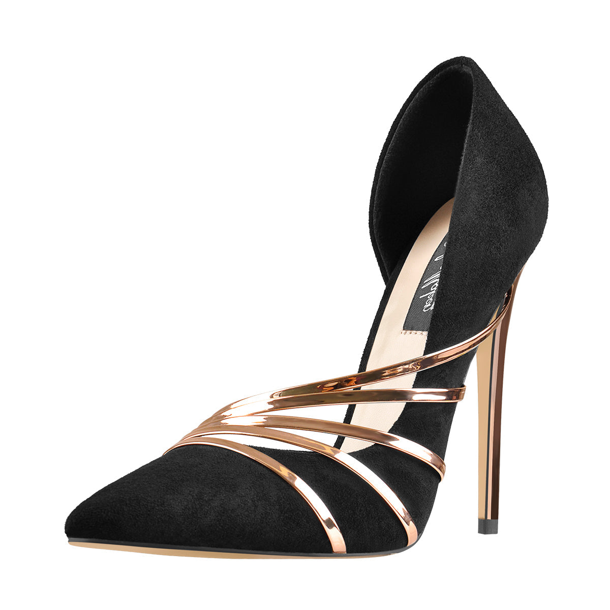 Pointed Toe Black Suede High Heel Gold Stiletto Pumps - Onlymaker
