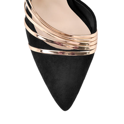 Pointed Toe Black Suede High Heel Gold Stiletto Pumps - Onlymaker