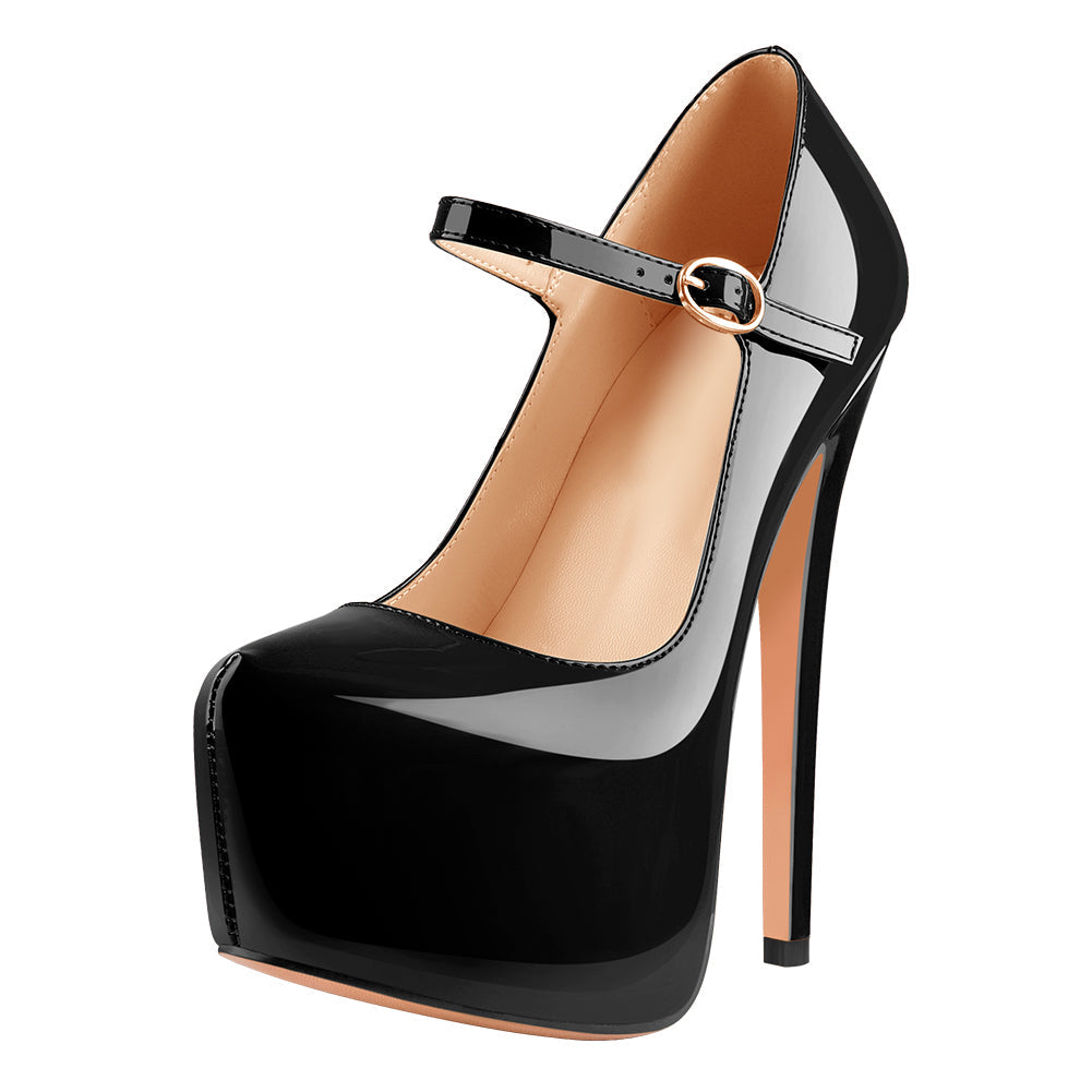 Mary Jane Platform Black Pointed Toe Stiletto High Heels Pumps - Onlymaker