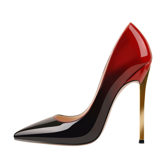 Black Red Gradient Patent Leather Metal Heels Pumps - Onlymaker
