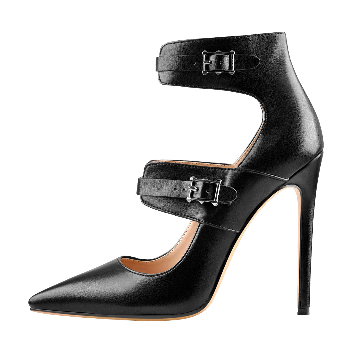 Black Matte Pointed Toe Double Buckle Straps Stiletto Pumps - Onlymaker