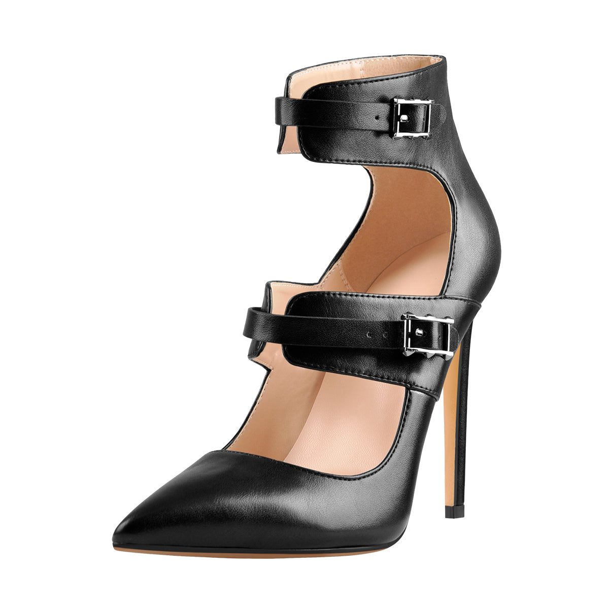 Black Matte Pointed Toe Double Buckle Straps Stiletto Pumps - Onlymaker