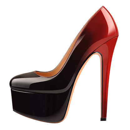 Black Red Gradient Patent Leather Platform High Heels - Onlymaker