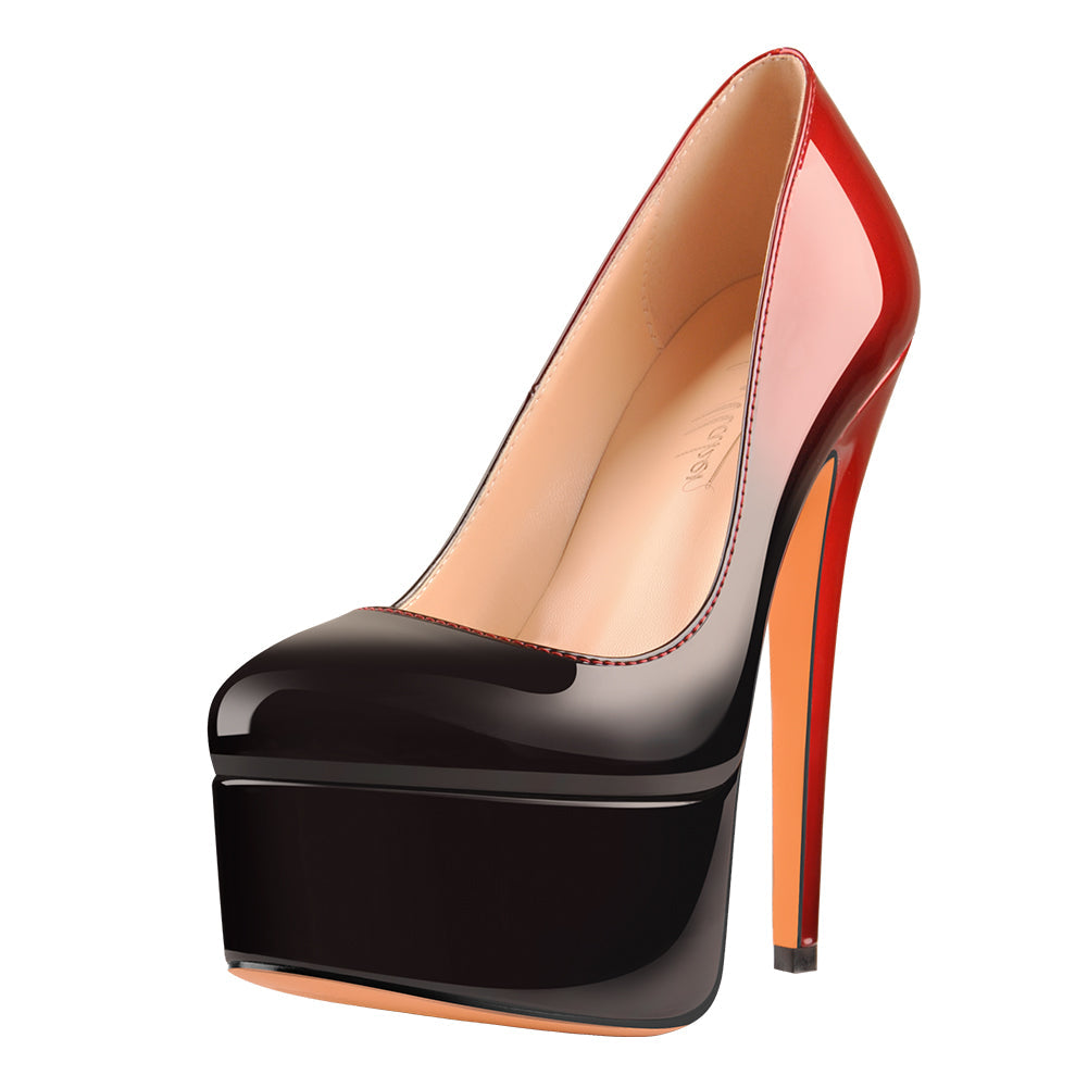 Black Red Gradient Patent Leather Platform High Heels - Onlymaker