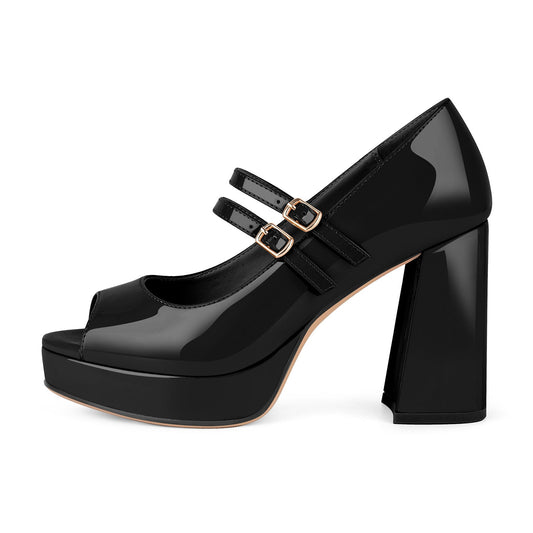 Peep Toe Platform Mary Jane Chunky Heels - Onlymaker