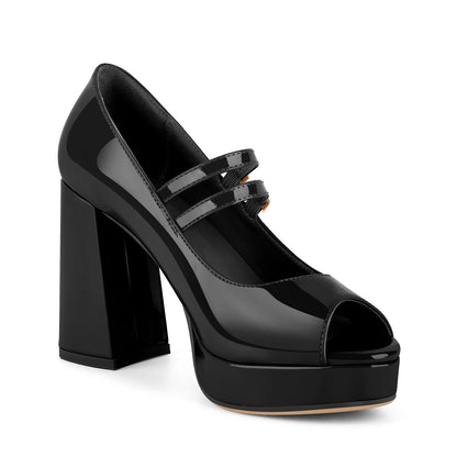 Peep Toe Platform Mary Jane Chunky Heels - Onlymaker