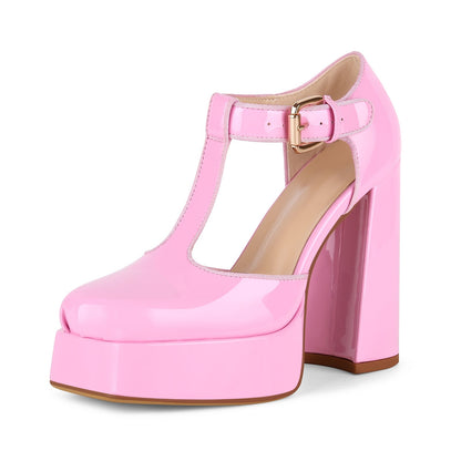 Square Toe Platform Buckle T-Strap Pumps - Onlymaker