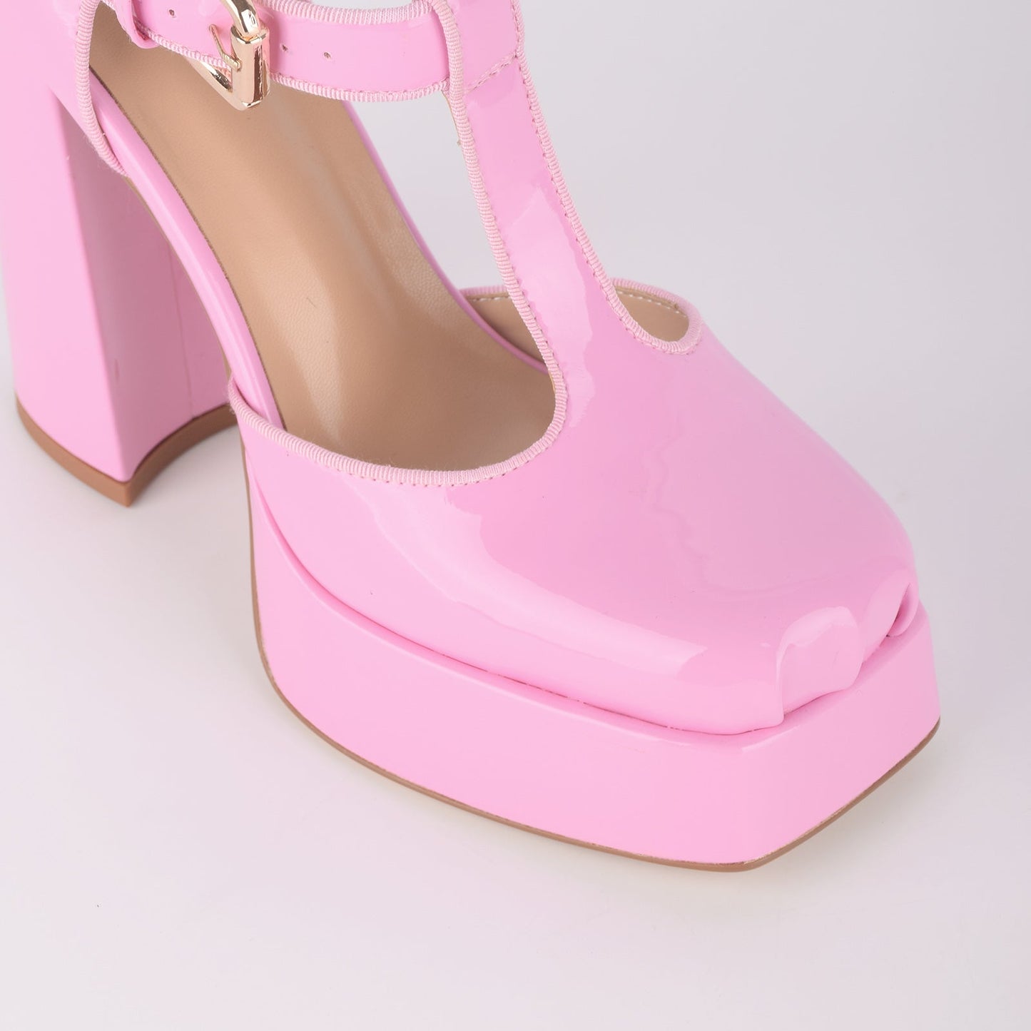 Square Toe Platform Buckle T-Strap Pumps - Onlymaker