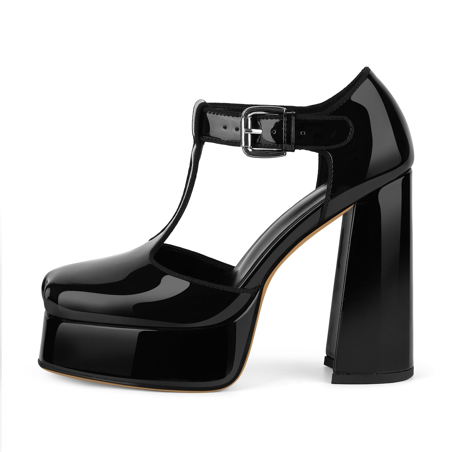 Square Toe Platform Buckle T-Strap Pumps - Onlymaker