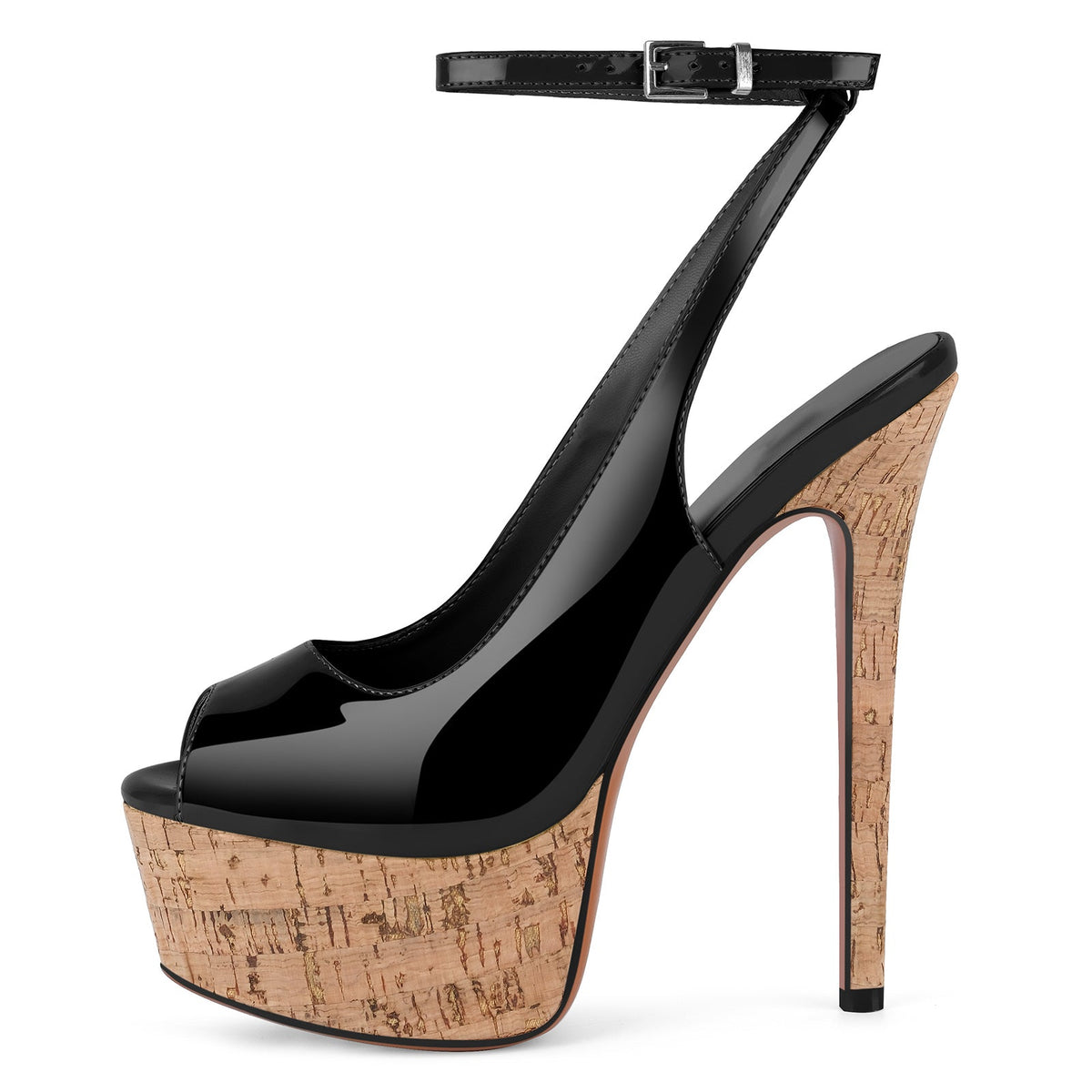 Peep Toe Wood Grain Platform Ankle Strap Slingback Heels - Onlymaker