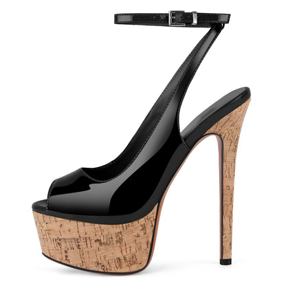 Peep Toe Wood Grain Platform Ankle Strap Slingback Heels - Onlymaker