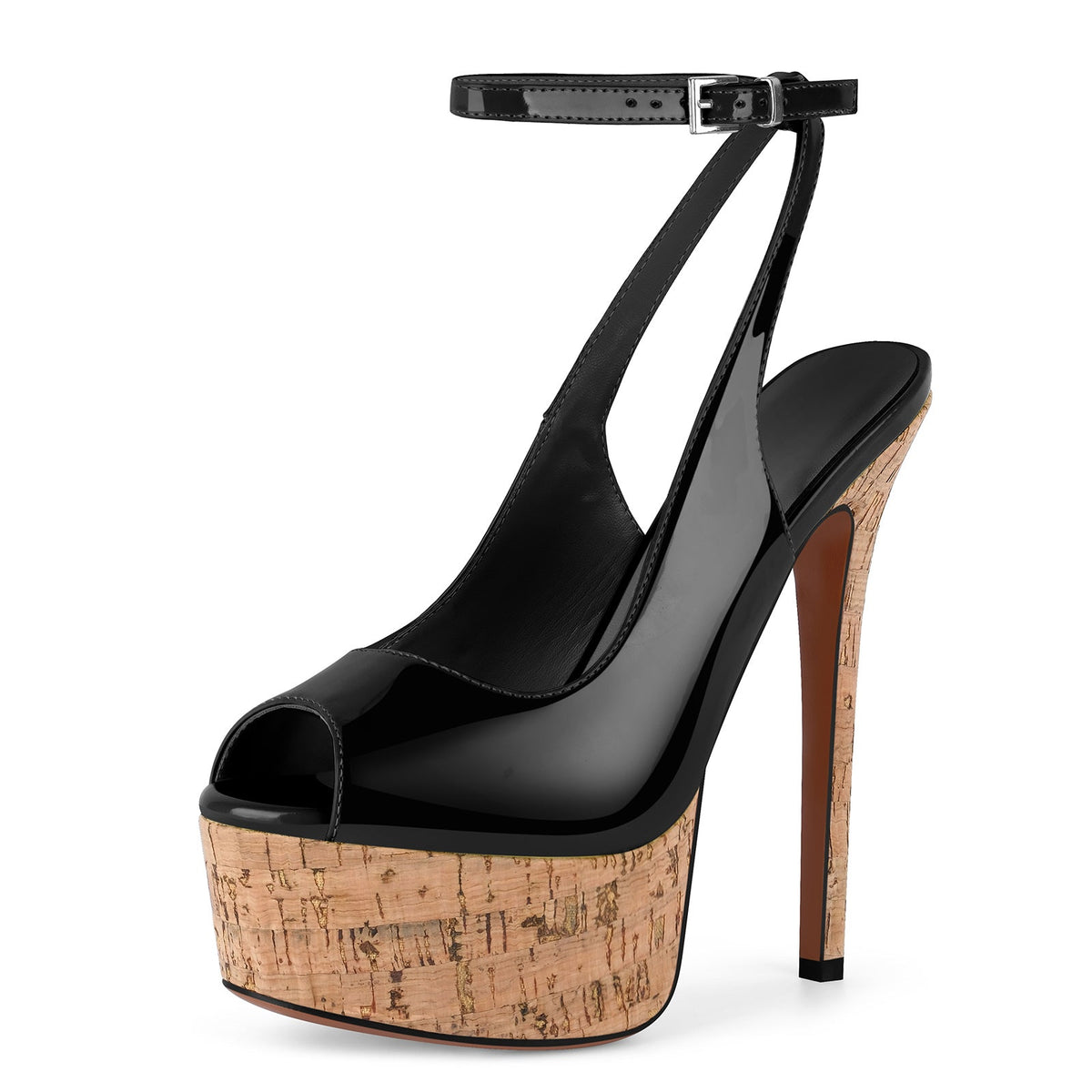 Peep Toe Wood Grain Platform Ankle Strap Slingback Heels - Onlymaker