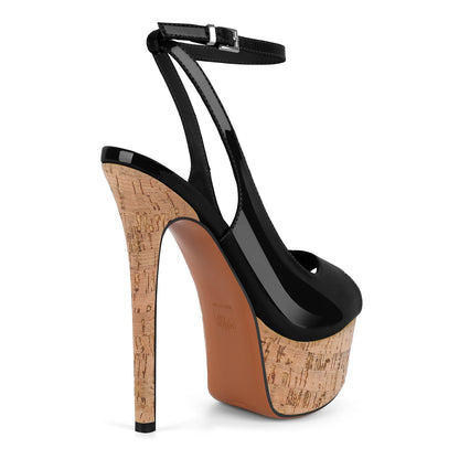Peep Toe Wood Grain Platform Ankle Strap Slingback Heels - Onlymaker