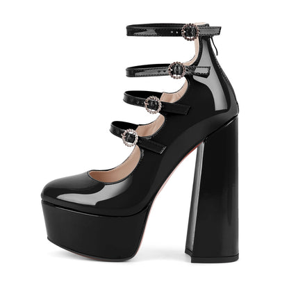 Platform Rhinestone Multi Buckle Strap Pumps - Onlymaker