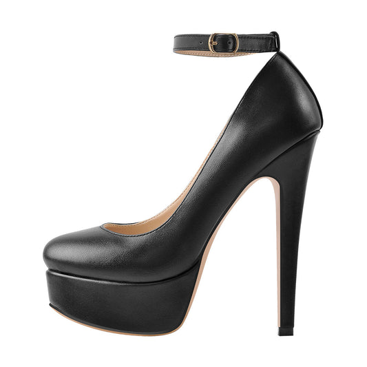 Round Toe Platform Ankle Strap High Heels - Onlymaker