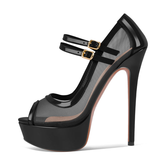 Mesh Peep Toe Platform Mary Jane High Heels - Onlymaker