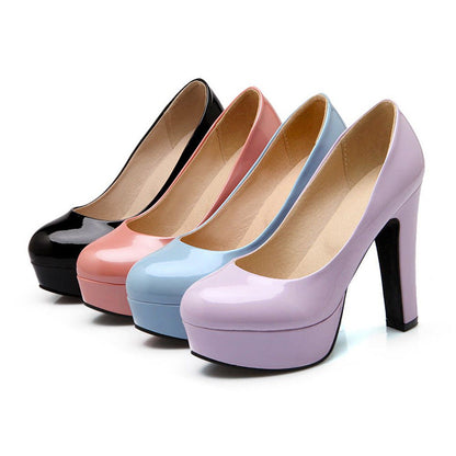 Round Toe Platform Patent Leather Pumps - Onlymaker