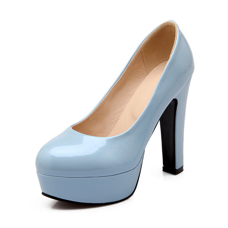 Round Toe Platform Patent Leather Pumps - Onlymaker