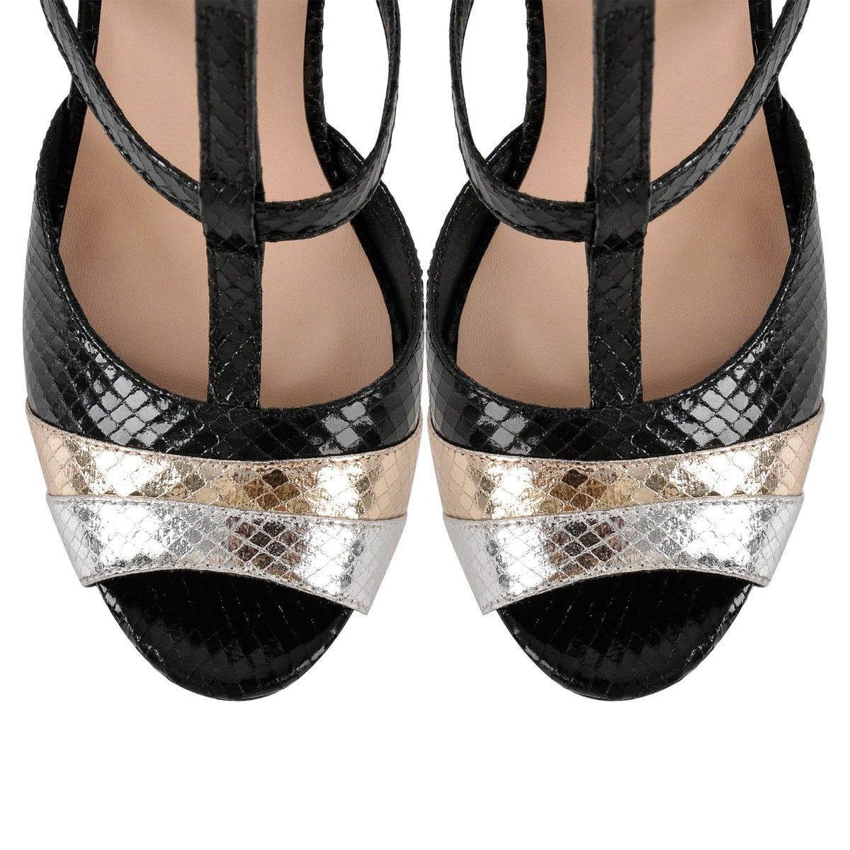 Peep Toe Platform T-Strap Snake Pattern Pumps - Onlymaker