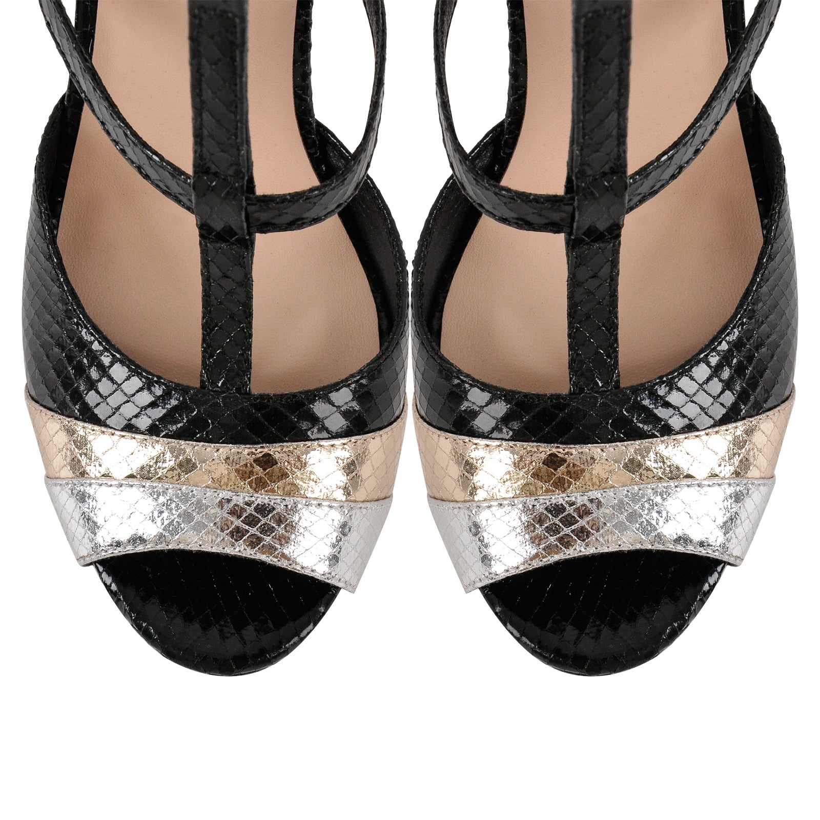 Peep Toe Platform T-Strap Snake Pattern Pumps - Onlymaker