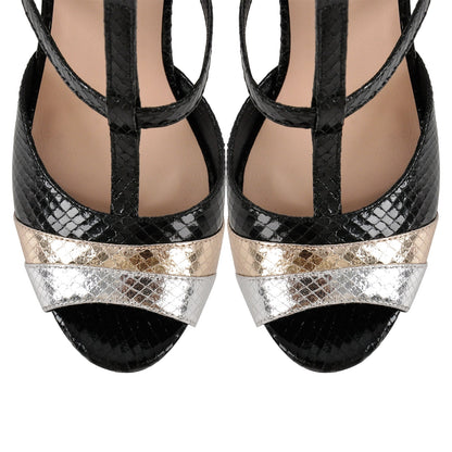 Peep Toe Platform T-Strap Snake Pattern Pumps - Onlymaker