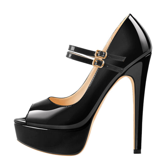 Black Peep Toe Platform Buckle Stiletto Pumps - Onlymaker